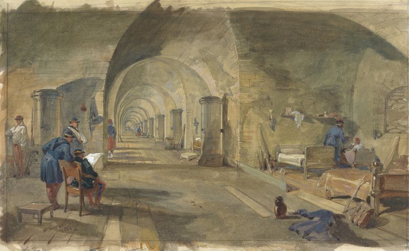 Interior do Fort Nicholas, Sebastopol, Crimeia por William Simpson, aquarela sobre papel