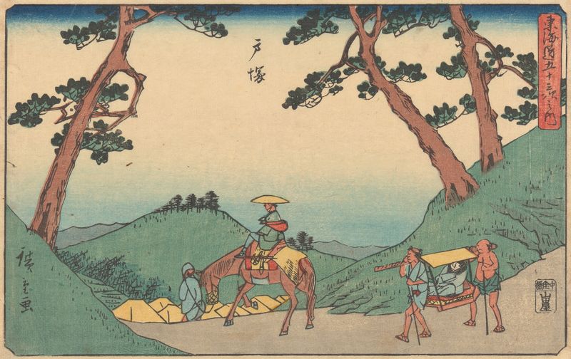 Gravura em madeira de Utagawa Hiroshige representando um rio e uma ponte ao crepúsculo.
