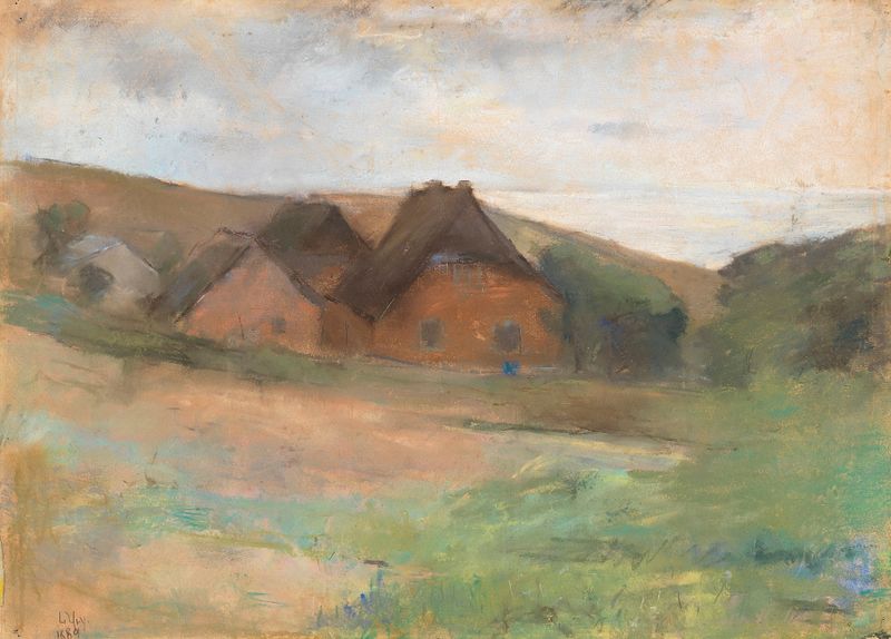 Wiesenlandschaft mit Bauernhäusern de Lesser Ury, Impressionismo, retratando uma paisagem serena com campos e casas rústicas