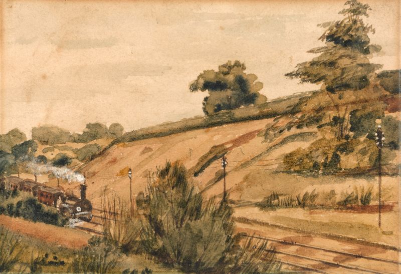 Paisagem com trem de Edward W. Fitch, óleo sobre tela, apresentando um trem em uma paisagem serena.