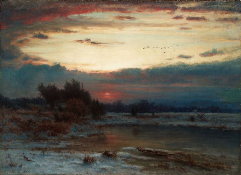 A Winter Sky de George Inness, óleo sobre lienzo que representa un paisaje invernal sereno con tonos suaves.