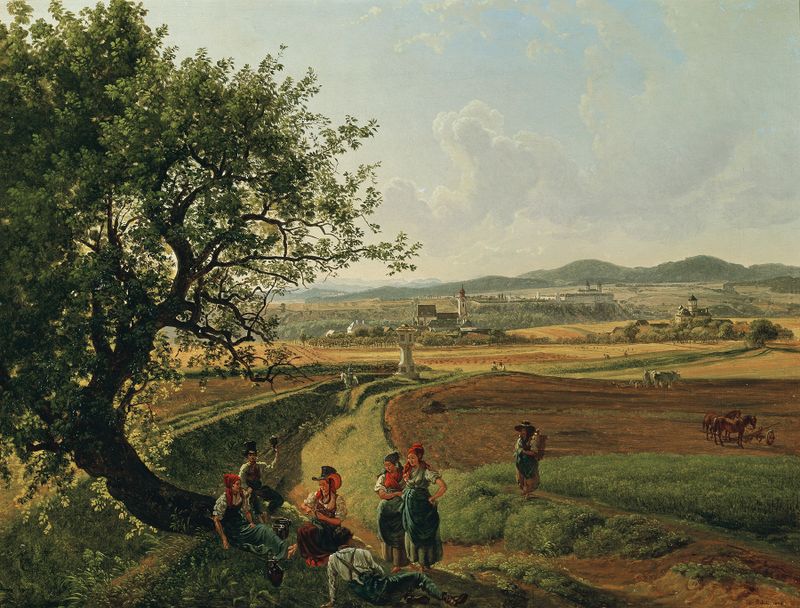 Landscape with castle and river, oil painting by Joseph Rebell