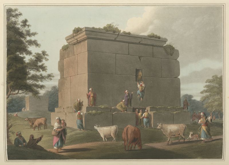 Aquarela de Luigi Mayer representando um monumento em uma paisagem verde