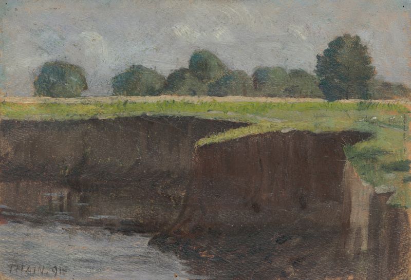 óleo de Ján Thain representando uma paisagem fluvial com reflexos cintilantes