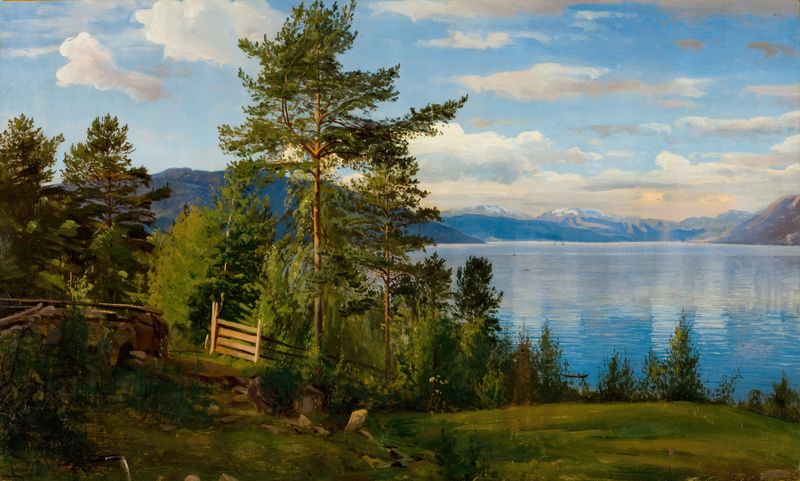 Paisagem de Fra Ænes por Amaldus Nielsen, apresentando uma cabana à beira da água.