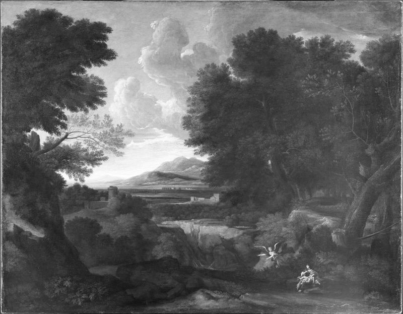 Hagar and Ishmael in a Southern wooded landscape, oil on canvas by Gaspard Dughet