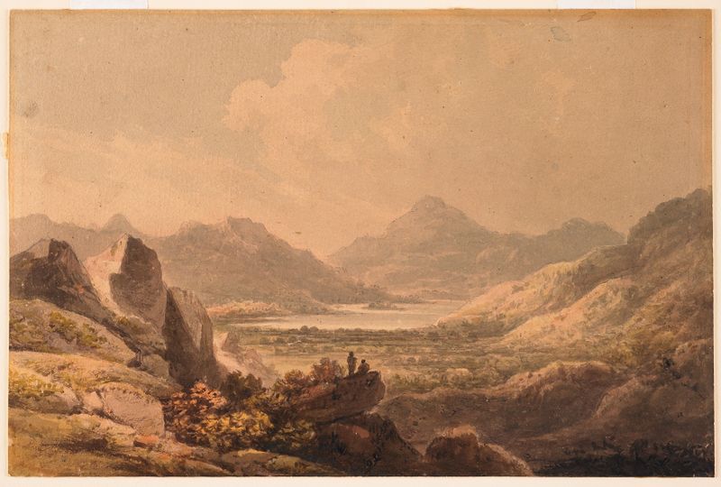 Lake Landscape by Francis Nicholson, oil on canvas depicting tranquil waters and a muted sky