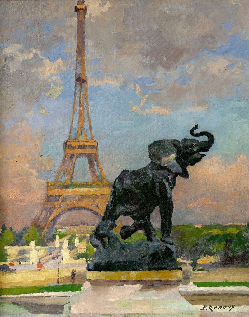 Symbolism oil painting by Ernest Jules Renoux featuring a trapped elephant and the Eiffel Tower