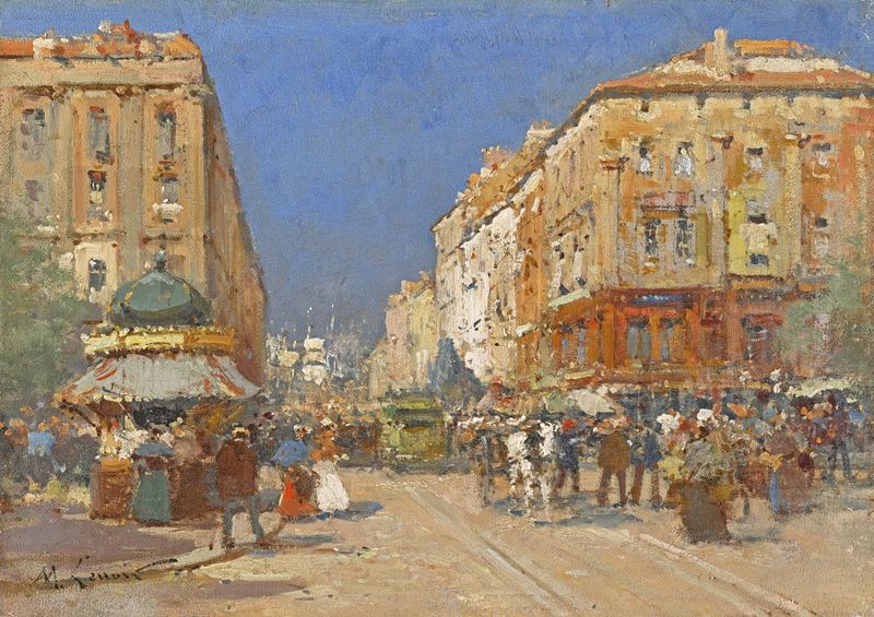 Escena de género que muestra la vida urbana con luz solar y figuras de Maurice Lenoir