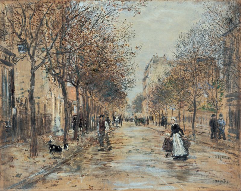 Street in Asnières by Jean François Raffaëlli, depicting figures in sunlight on cobblestones, impressionism