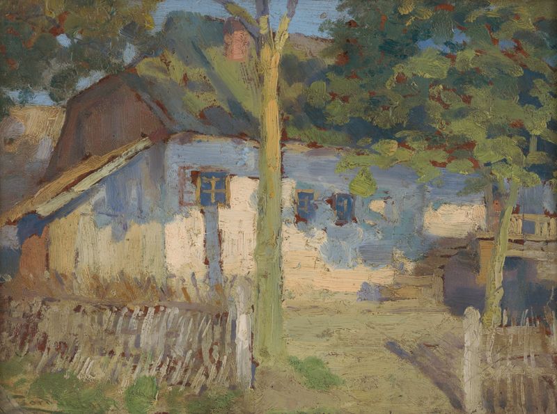 Pintura a óleo de paisagem de Ľudovít Čordák com uma casa e jardim.