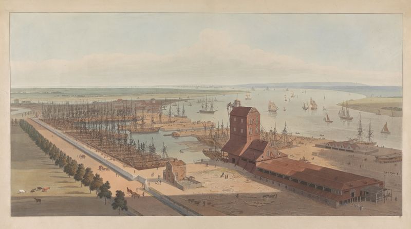 Brunswick Dock no Tâmisa em Blackwall de William Daniell, óleo
