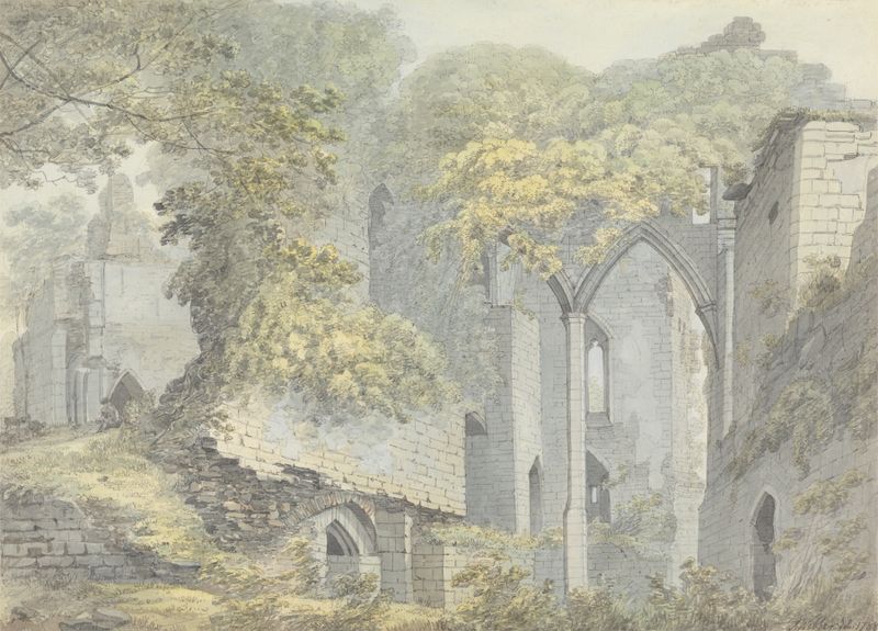 Goodrich Castle on the Wye by John Webber, oil painting depicting a tranquil landscape with a river.