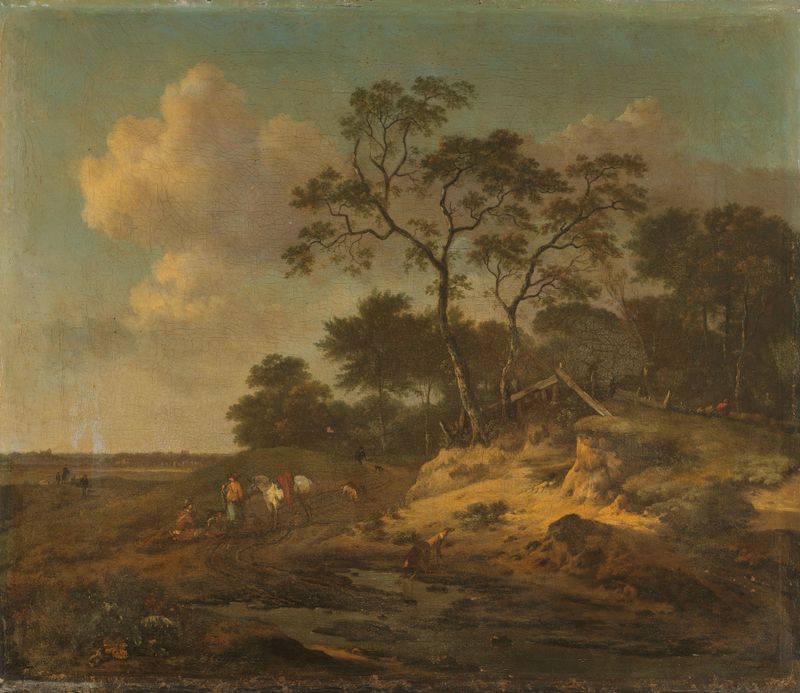 Dune landscape with hunters resting, oil painting by Jan Wijnants
