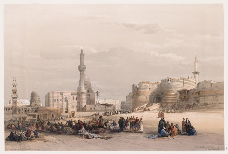 La Entrada a la Ciudadela de El Cairo de David Roberts, pintura al óleo que representa arquitectura histórica.