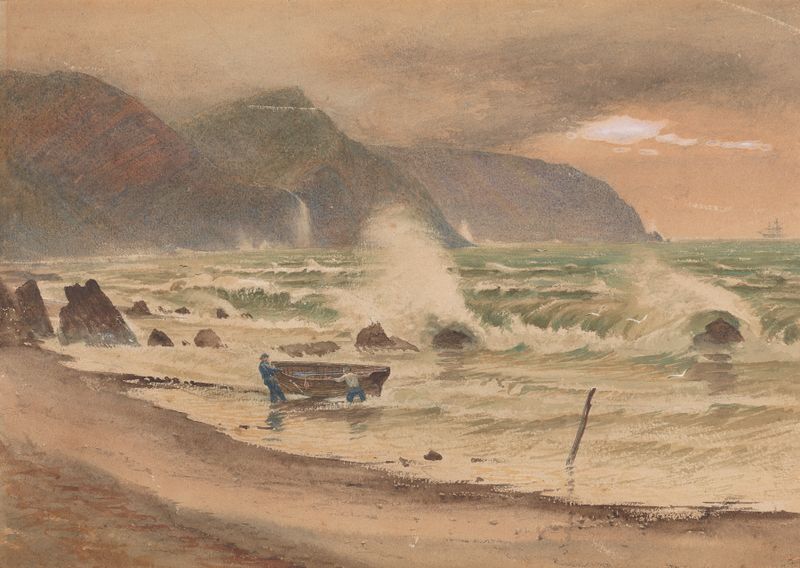 Landscape with Two Men and a Boat by Charles Reginald Aston, realism, depicting men by a boat on water.