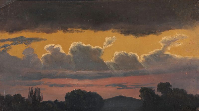 Cloud Study over Landscape, oil on canvas by Knud Baade, featuring swirling clouds and a tranquil landscape.