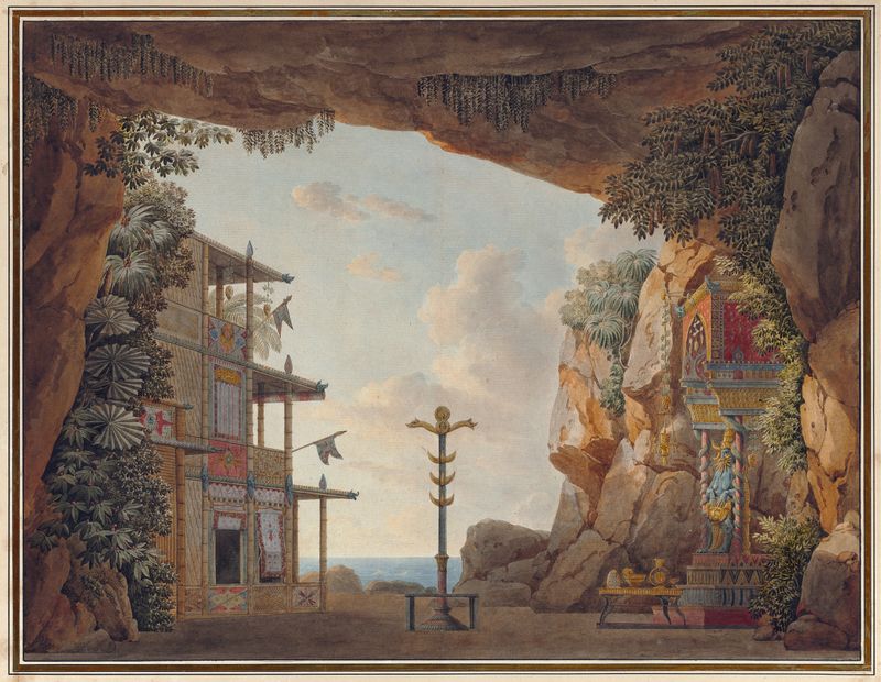 Stage set design for 'Elisca' by Jean Thomas Thibault, ink on paper