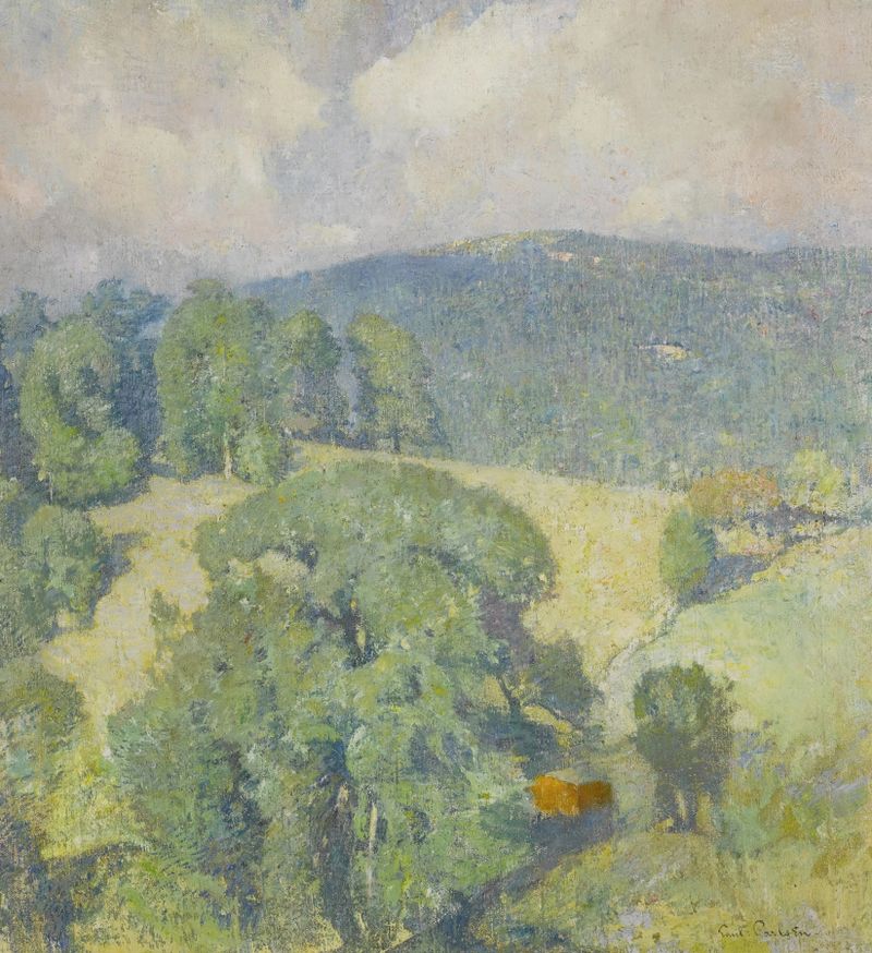 Connecticut Hillside by Emil Carlsen, oil painting depicting a serene landscape with lush greenery and shadows.