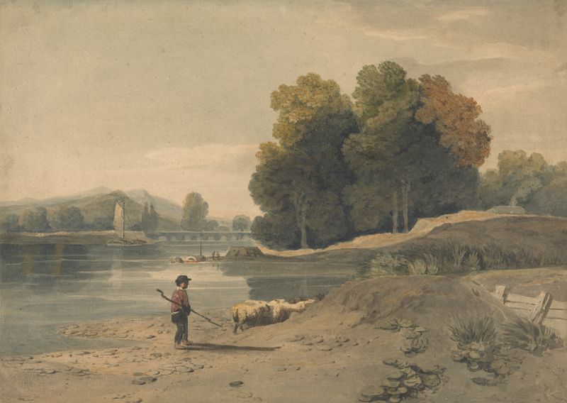 River scene with a boy and sheep, oil painting by William Havell