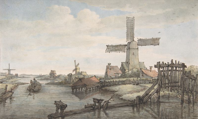 Oil painting by Jan Hulswit featuring a canal with three windmills