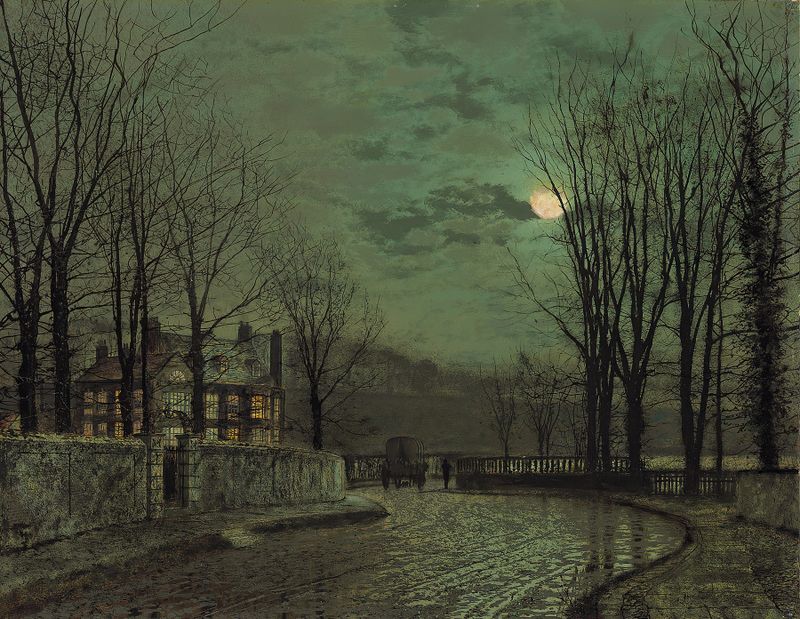 November Moonlight by John Atkinson Grimshaw, oil painting depicting a luminous moon over dark waters.