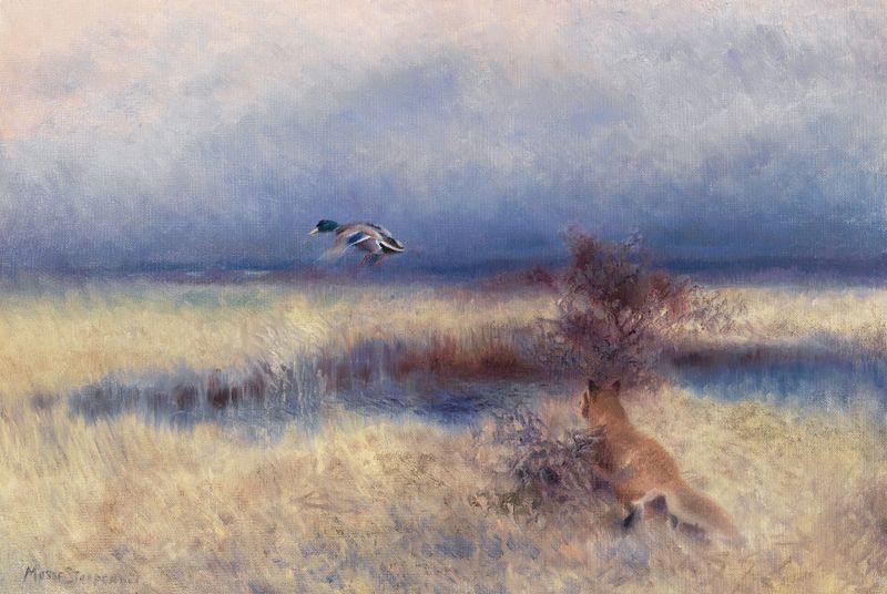 Pintura a óleo de Mosse Stoopendaal mostrando uma raposa perseguindo um pato em uma paisagem texturizada.