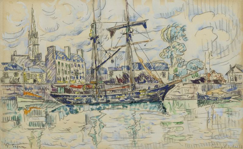 Paimpol de Paul Signac, óleo sobre tela que retrata um porto com barcos e luz do sol.