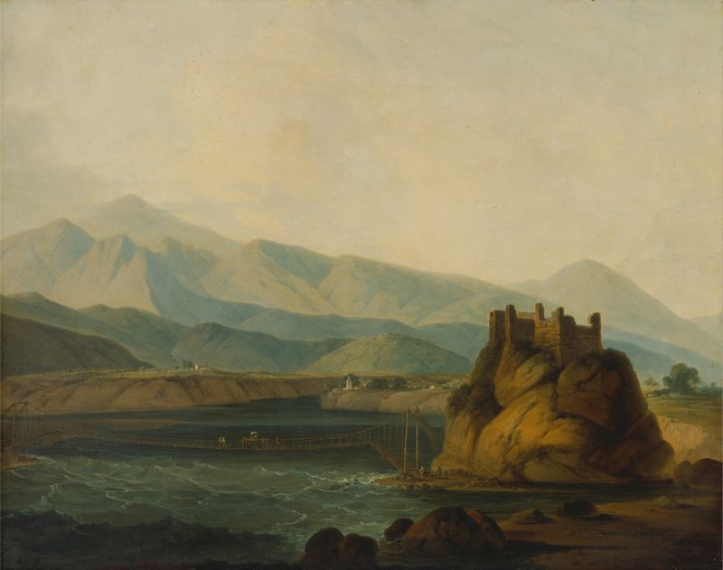 A Ponte de Corda em Serinagur de Thomas Daniell, pintura a óleo mostrando uma ponte sobre um abismo.