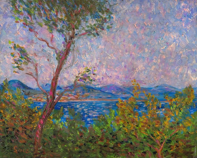 Saint-Tropez au bord de la mer Méditerranée de Maximilien Luce, pintura al óleo de una playa serena y olas.