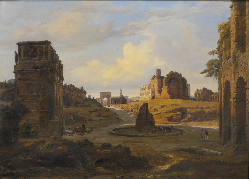 Landscape with ruins and sunlight by Thorald Læssøe, oil painting