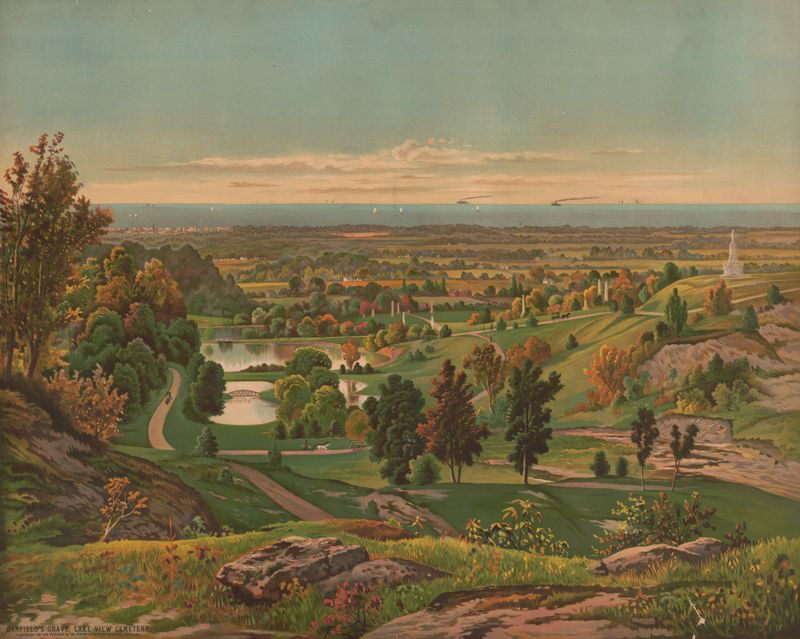 Lithograph by Krebs Lith. Co depicting Garfield’s grave with intricate details.