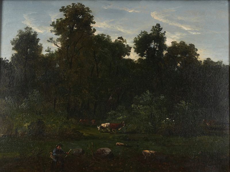Pastoral Scene by Régis François Gignoux, oil on canvas depicting rolling hills and a river.
