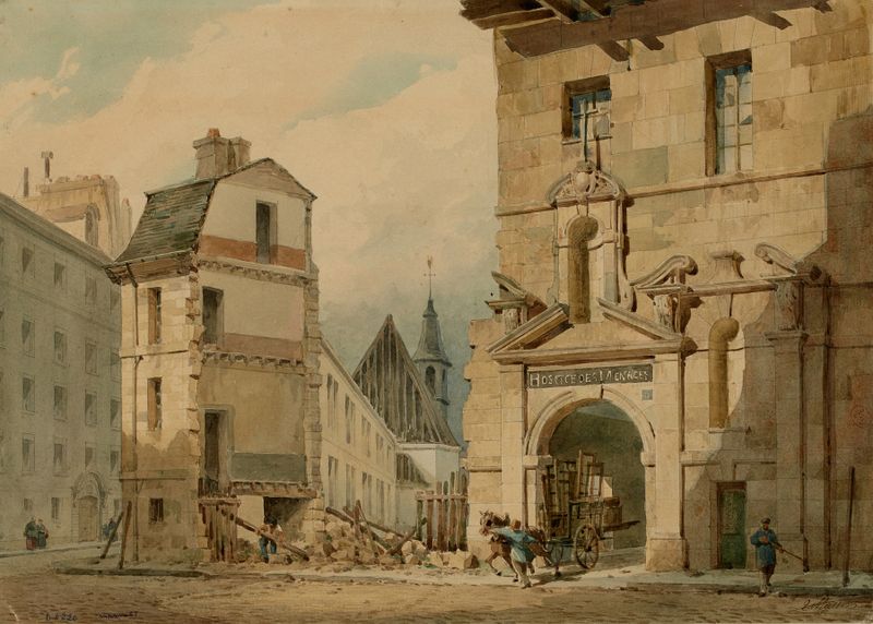L’hospice des Petits-Ménages by Louis-Martial-Théodat Masson, oil on canvas, depicts a quiet building with shadows.