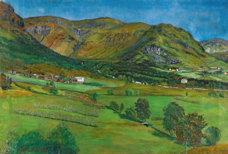 Landscape with a wooden cabin and rolling hills by Nikolai Astrup, oil painting