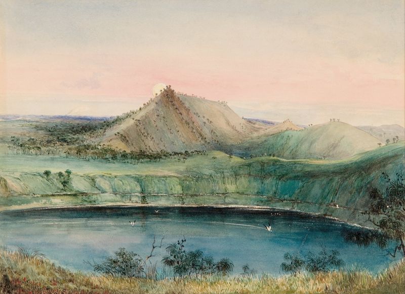 Blue Lake, Mount Gambier de George French Angas, óleo sobre tela que retrata um lago sereno e montanhas.
