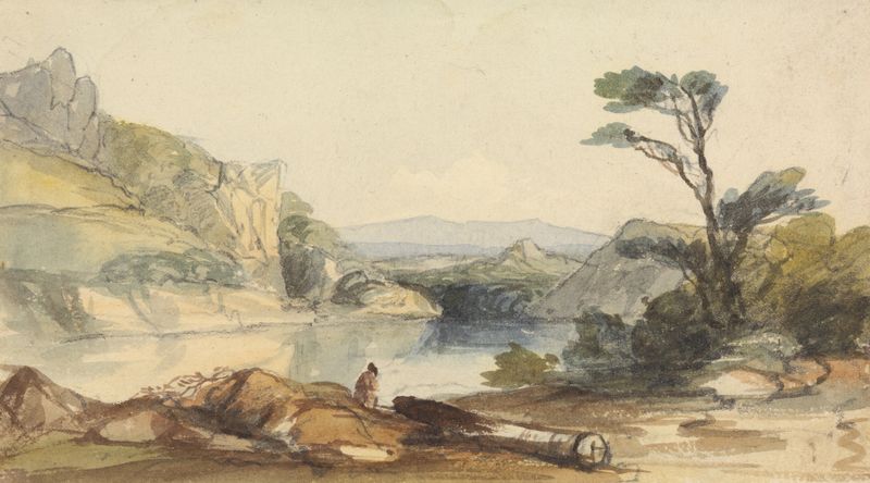 Lake and Mountains by John Renton, oil on canvas depicting a serene lake and mountains.