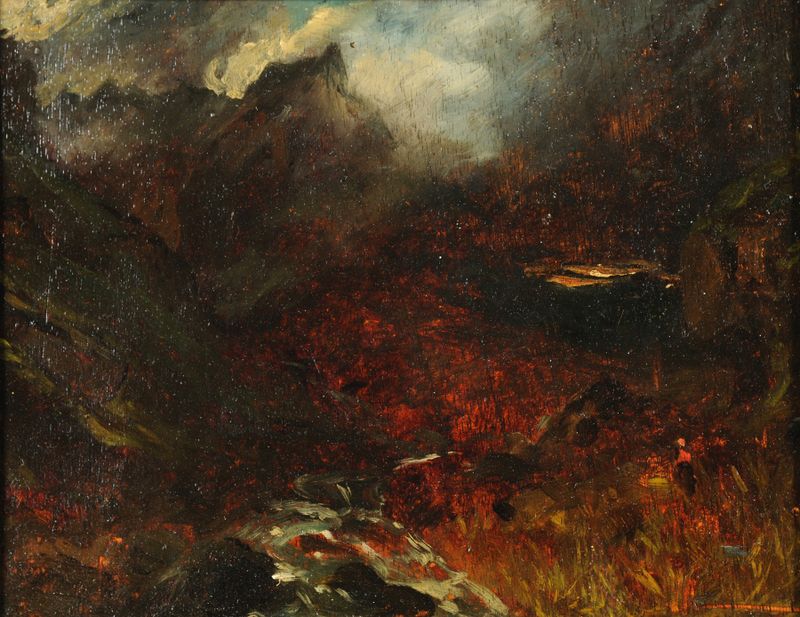 Paisaje de un valle con acantilados y luz solar, pintura al óleo de Paul Huet