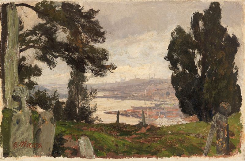 Oil painting by Georg Macco depicting the Bosporus with sunlight and tranquil waters.