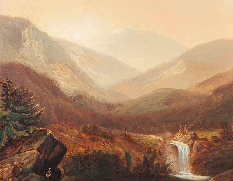 Waterfall and Distant Hills by James David Smillie, oil painting depicting a waterfall and distant hills.