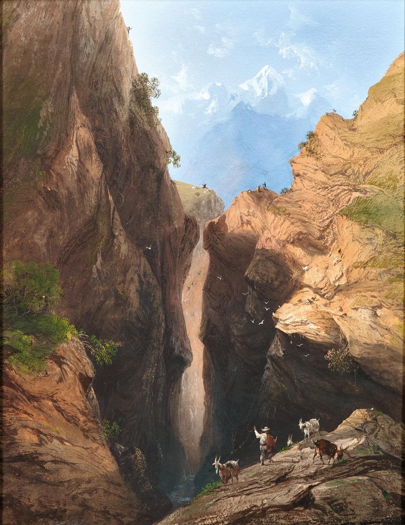A goatherd in the Alps, oil on canvas by Carlo Bossoli, depicting serene mountains and nature.