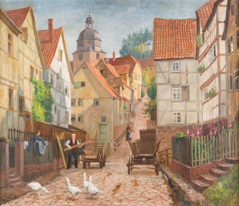 Alley in historic Marburg town de Karl Armbrust, óleo sobre lienzo, con luz y sombras sobre los adoquines.