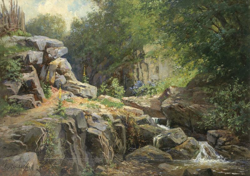 Waldbach im Sonnenschein, óleo sobre lienzo de Ernestine von Kirchsberg, que representa un arroyo tranquilo en un bosque i...