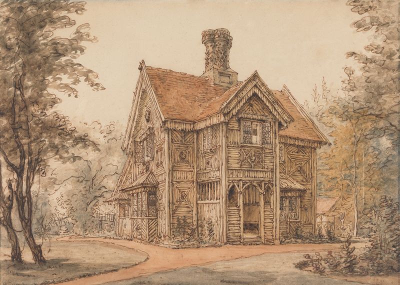 A Lodge at Cassiobury by William Henry Hunt, oil painting depicting a tranquil landscape with sunlight filtering through trees.