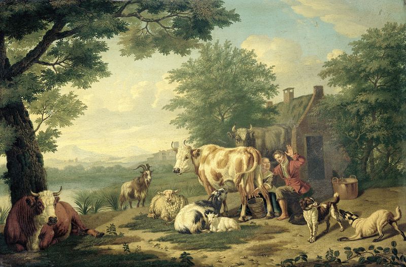 Milking Time by Jan van Gool, oil on canvas showing a farmer milking a cow in warm light.