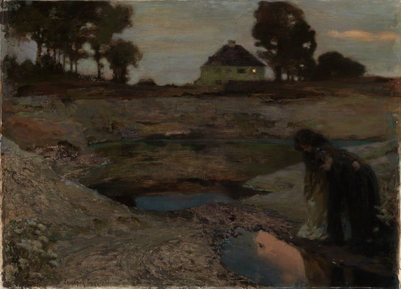 Paisaje al atardecer de Friedrich Fehr, óleo sobre lienzo, que representa el crepúsculo y sombras.