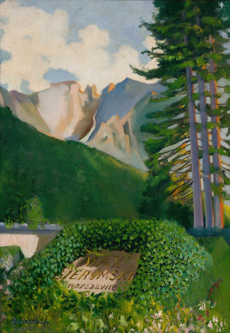 Paisagem com a Tumba de Maksymilian Gierymski, óleo sobre tela de Jakub Juszczyk, apresentando uma lápide em meio à vegeta...