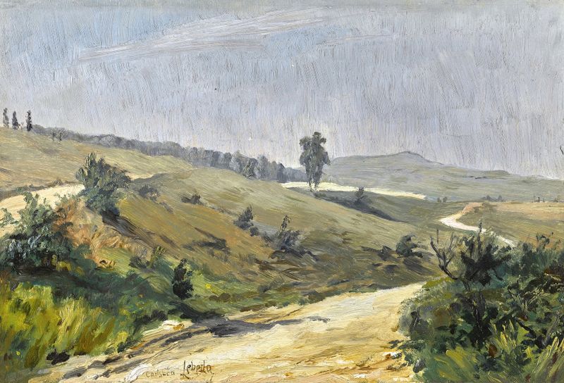 Landscape near Carlsbad, óleo sobre tela de Otakar Lebeda, apresentando suaves colinas e luz dourada.