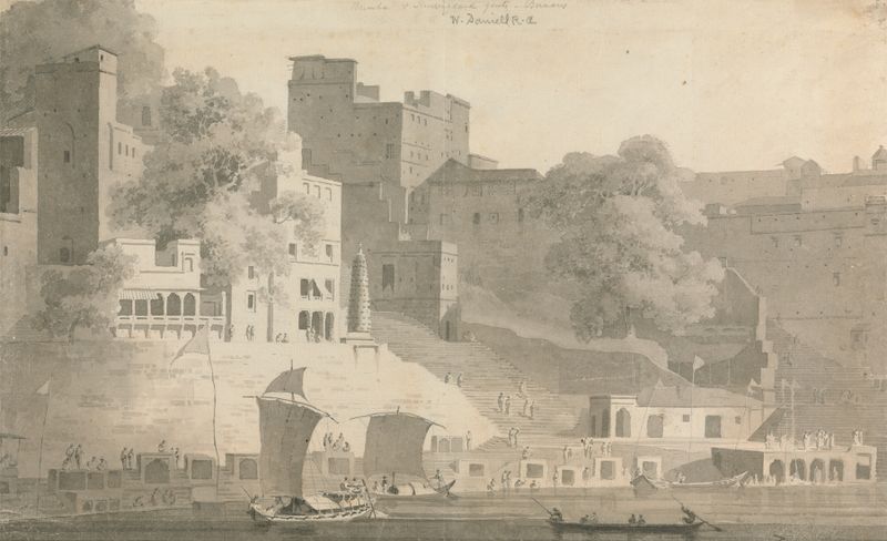 Acuarela de William Daniell que representa Bramha y Nursingdara Ghat, Varanasi