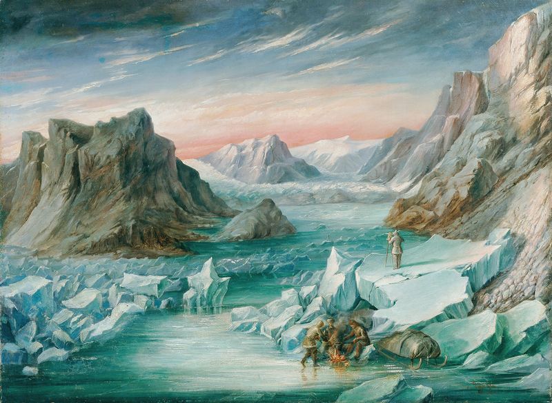 Landscape featuring icebergs and ocean by Josef Langl, 1870